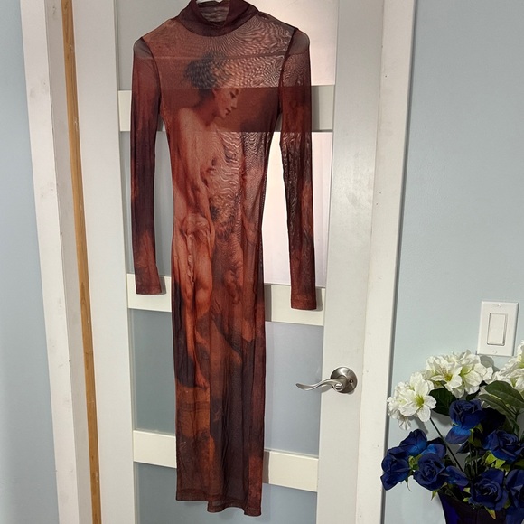 Dresses & Skirts - Sheer Artistic Print Long Sleeve Dress